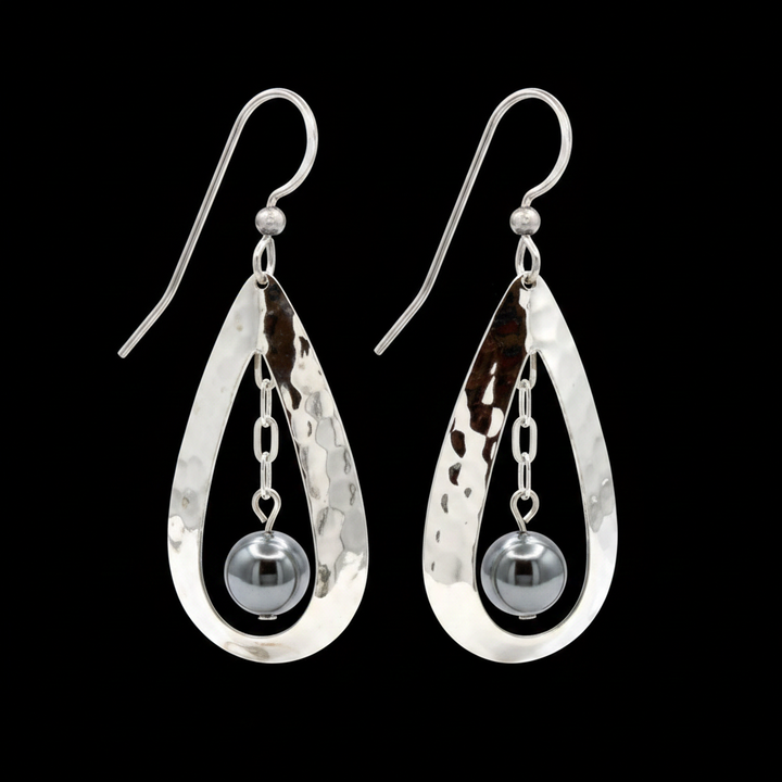 Silver Hollow Pebble Earrings - Black Background