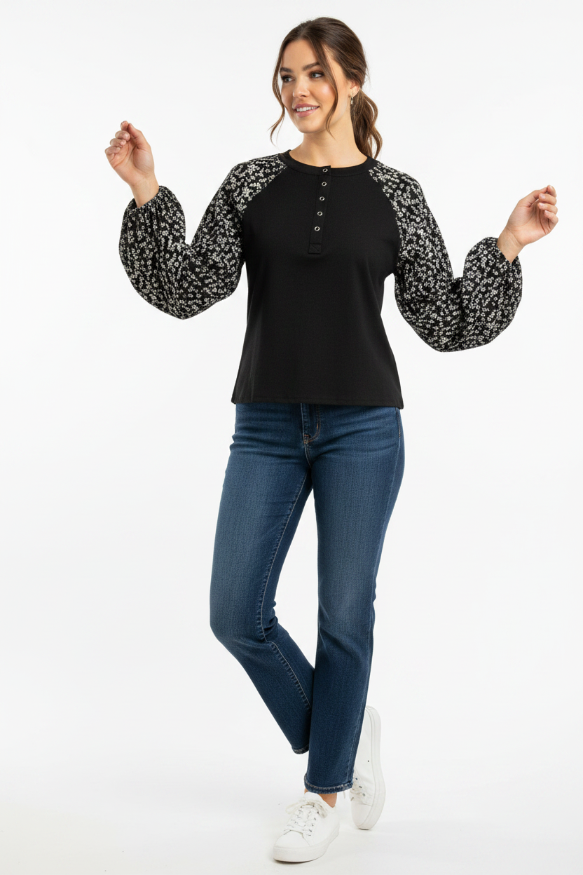 Black Floral Sleeve Henley Top Eesome th17100