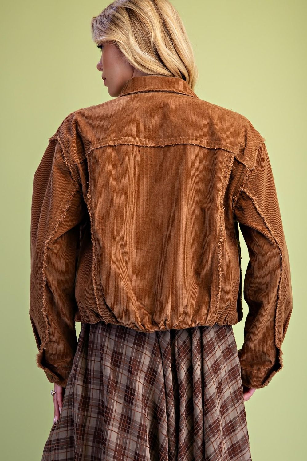 Camel Frayed-Edge Corduroy Cropped Jacket st200103