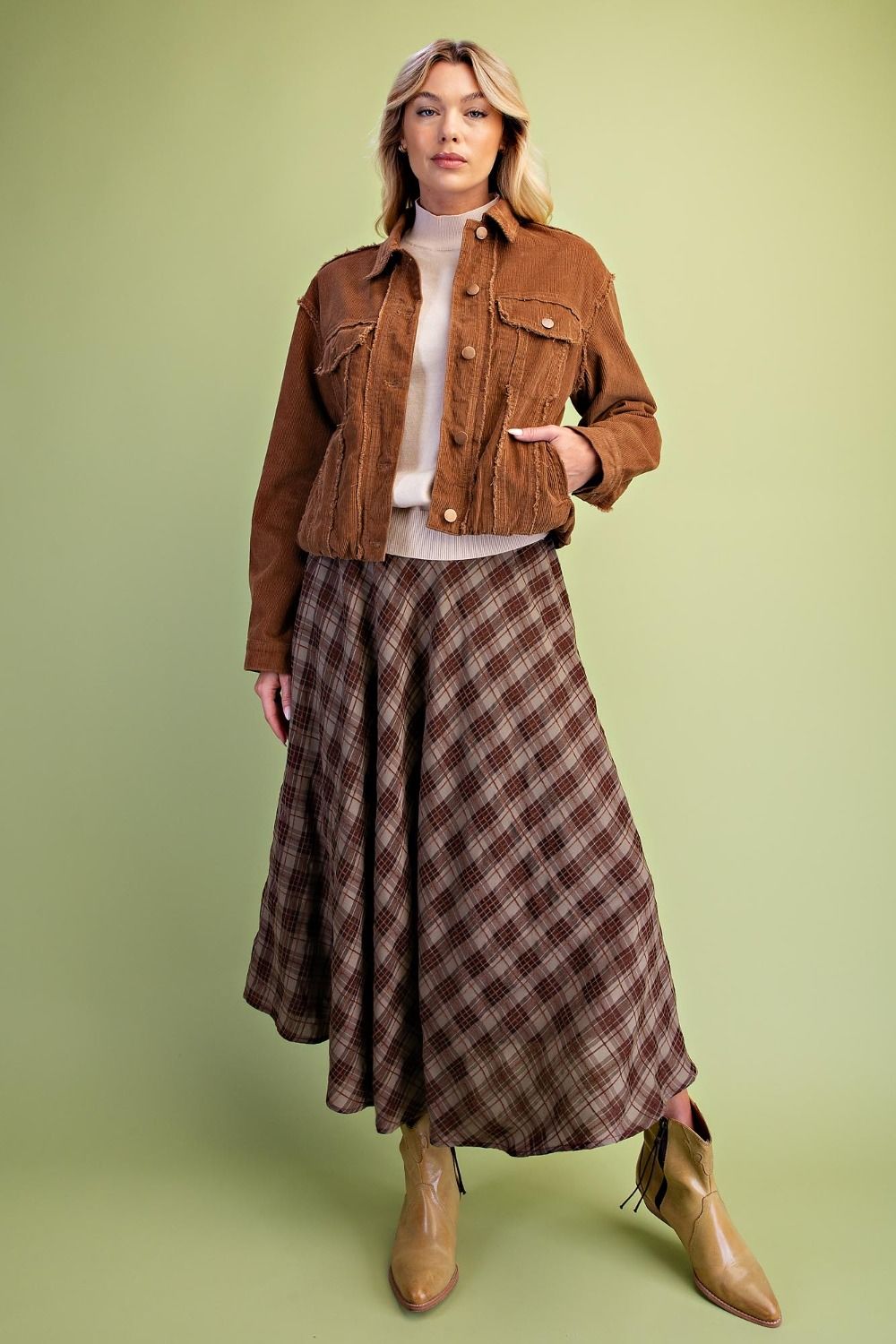 Camel Frayed-Edge Corduroy Cropped Jacket st200103