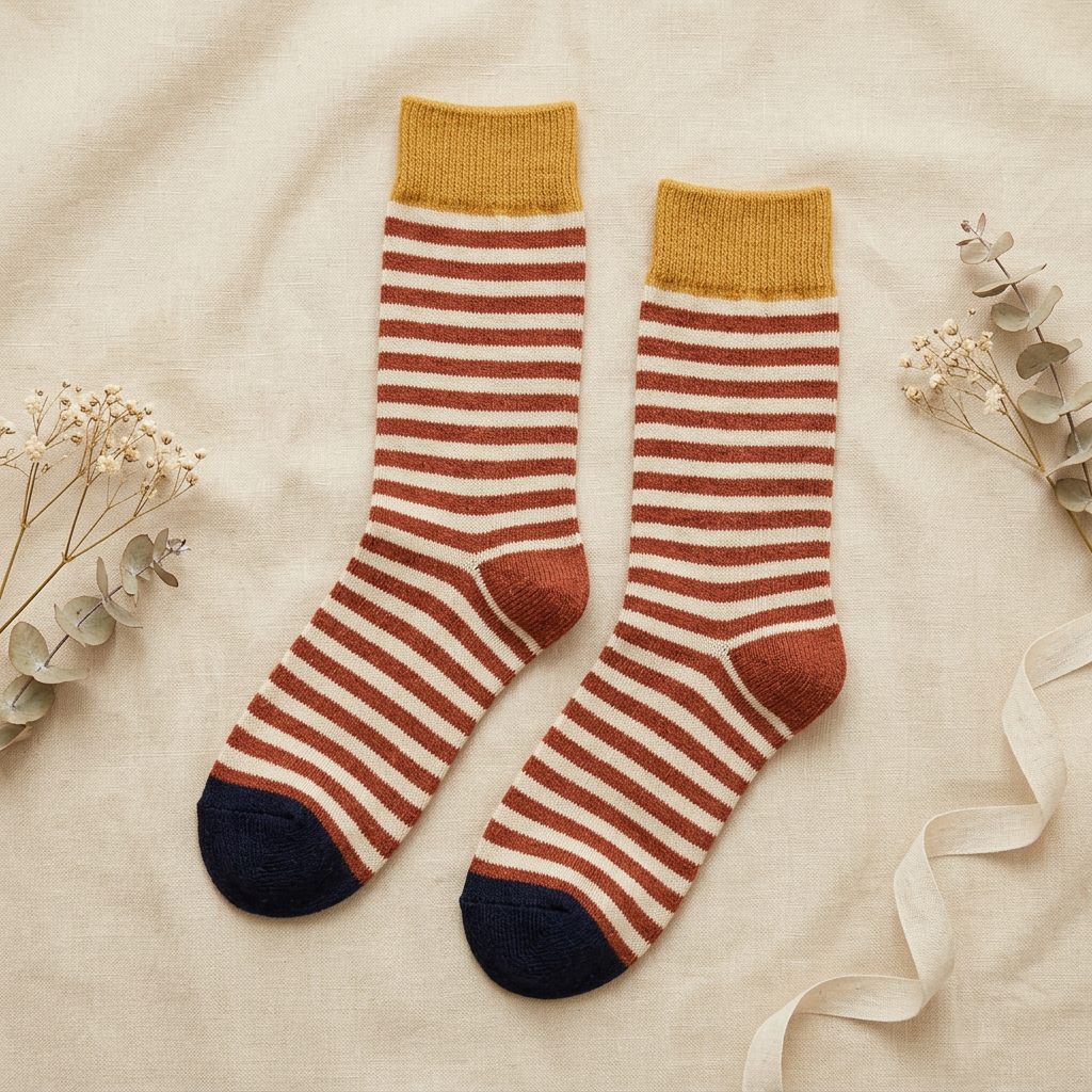 Rust & Cream Striped Knit Socks with Mustard Cuffs Jasper Trading LLC 1502