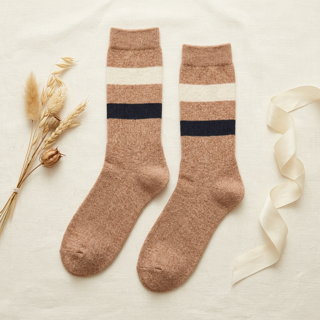 Camel Knit Socks with Cream & Navy Stripes Jasper Trading LLC 1502