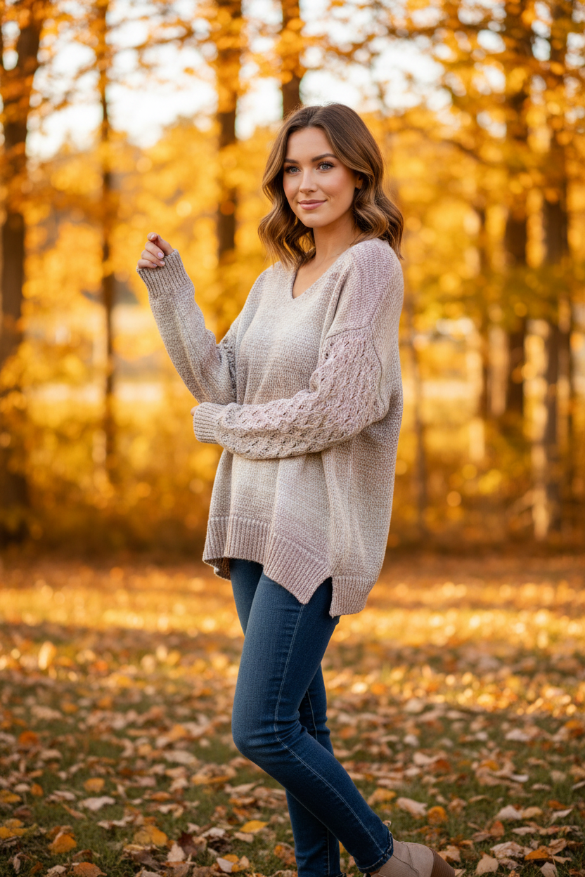 Blush Lace Sleeve V-Neck Sweater