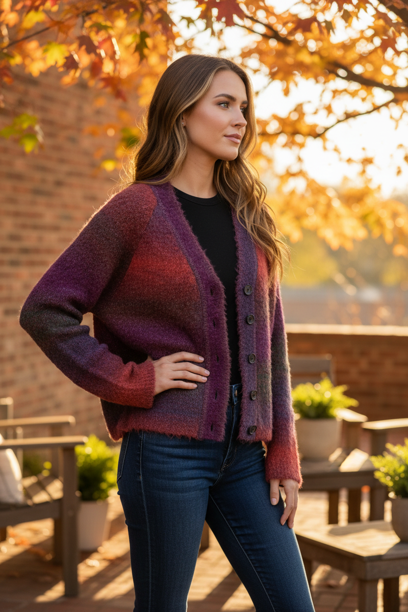 Berry Ombre Boucle Button Cardigan