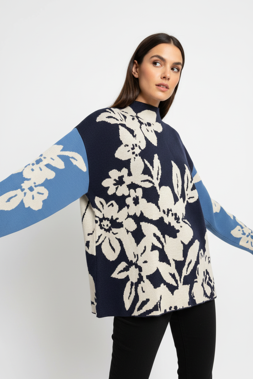 Navy Floral Jacquard Mock-Neck Sweater Tribal 1542O-8012-0805