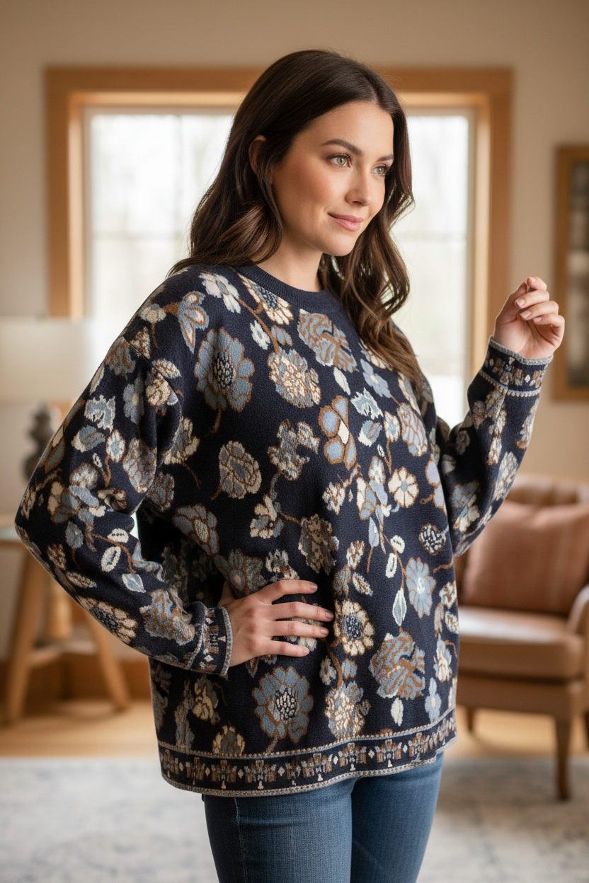 Navy Tapestry Floral Crew-Neck Sweater