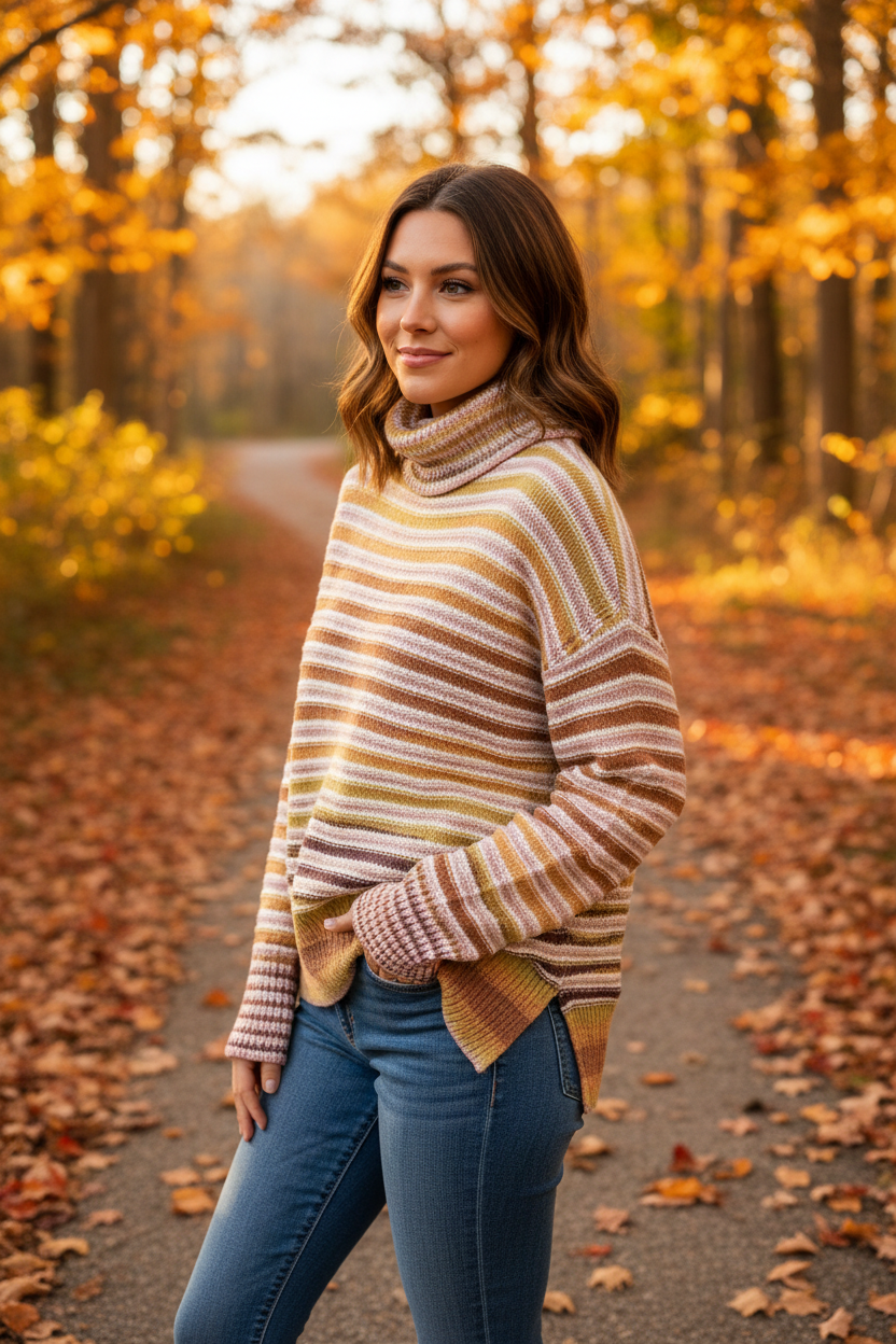 Earth Tone Stripe Turtleneck Sweater