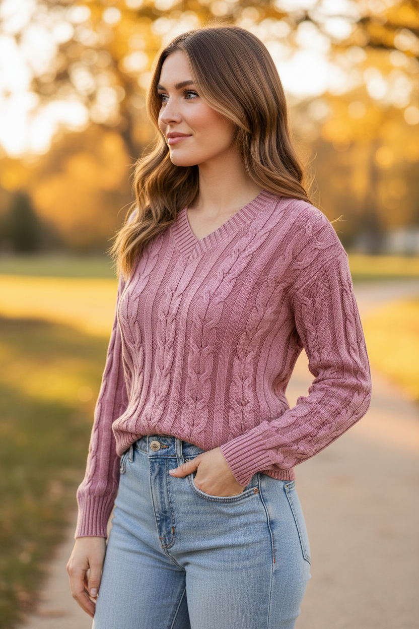 Dusty Rose Cable Knit V-Neck Sweater