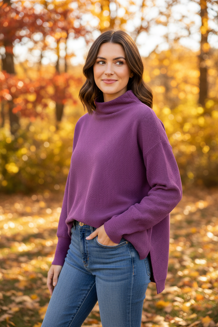 Berry Ribbed Mock-Neck Sweater Tribal 5613O-5094-3136