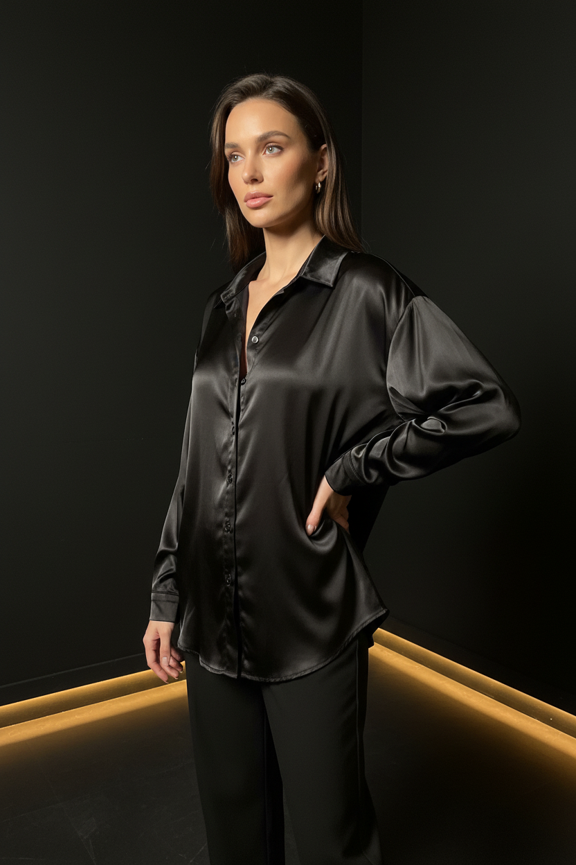 Black Satin Oversized Button-Down Shirt