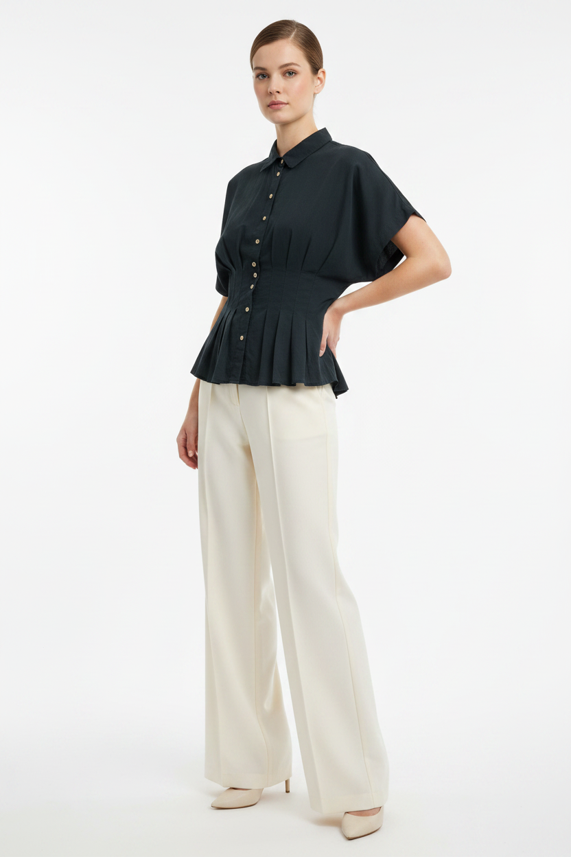 Ash Black Button Down Pleated Blouse Ee:some tk16396