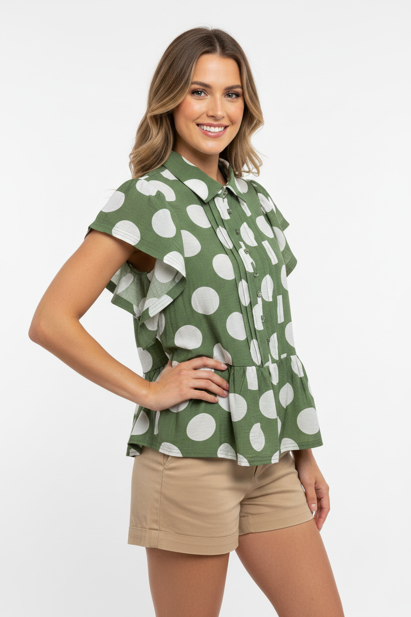 Easel ET29424 Oversized Dot Button-Down Ruffle Blouse