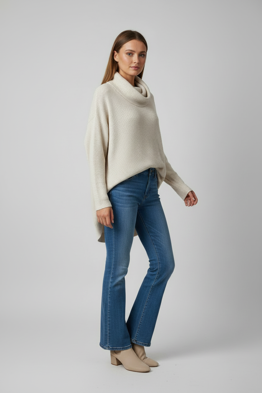 Ivory-Taupe Textured Cowl-Neck Knit Sweater Tribal 1533O-576-3024