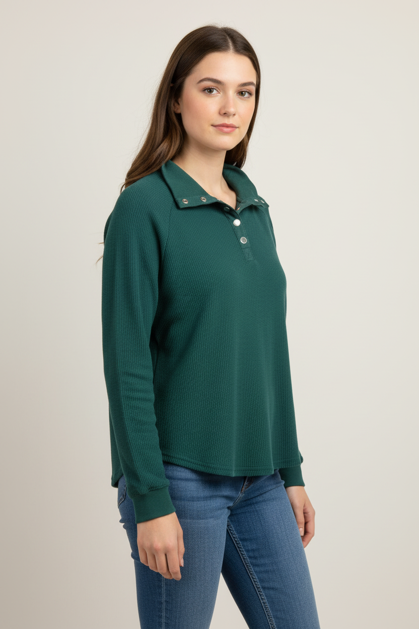 Teal Ribbed Snap-Neck Pullover Tribal 6036O-5139-3247