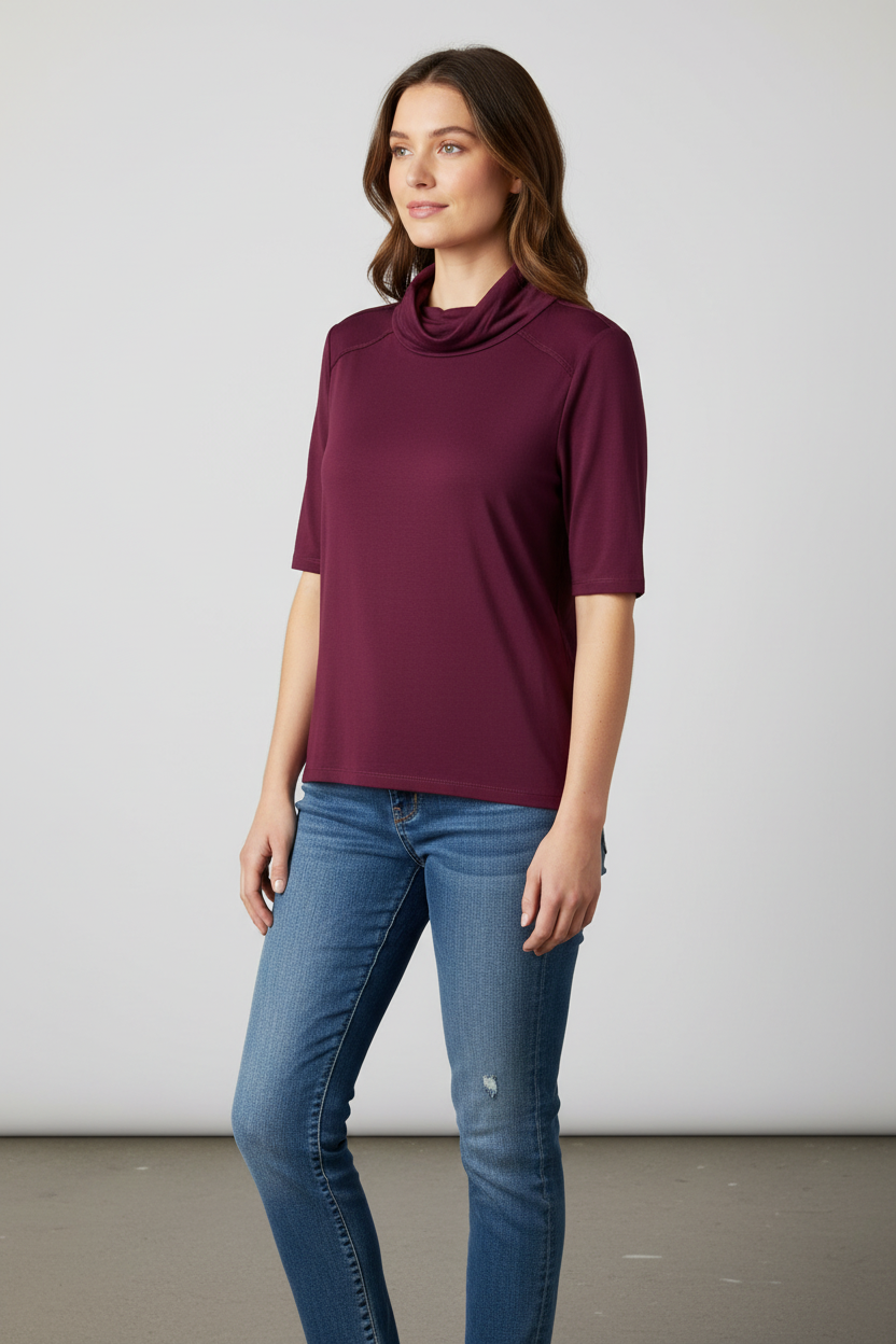 Plum Cowl-Neck Short-Sleeve Top Tribal 7943O-2422-3002