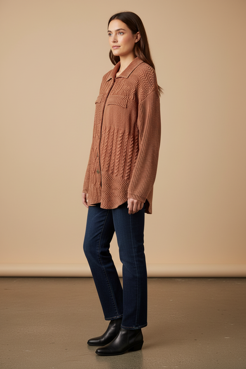 Rust-Camel Textured Knit Button-Front Jacket Tribal 7869O-4632-3115