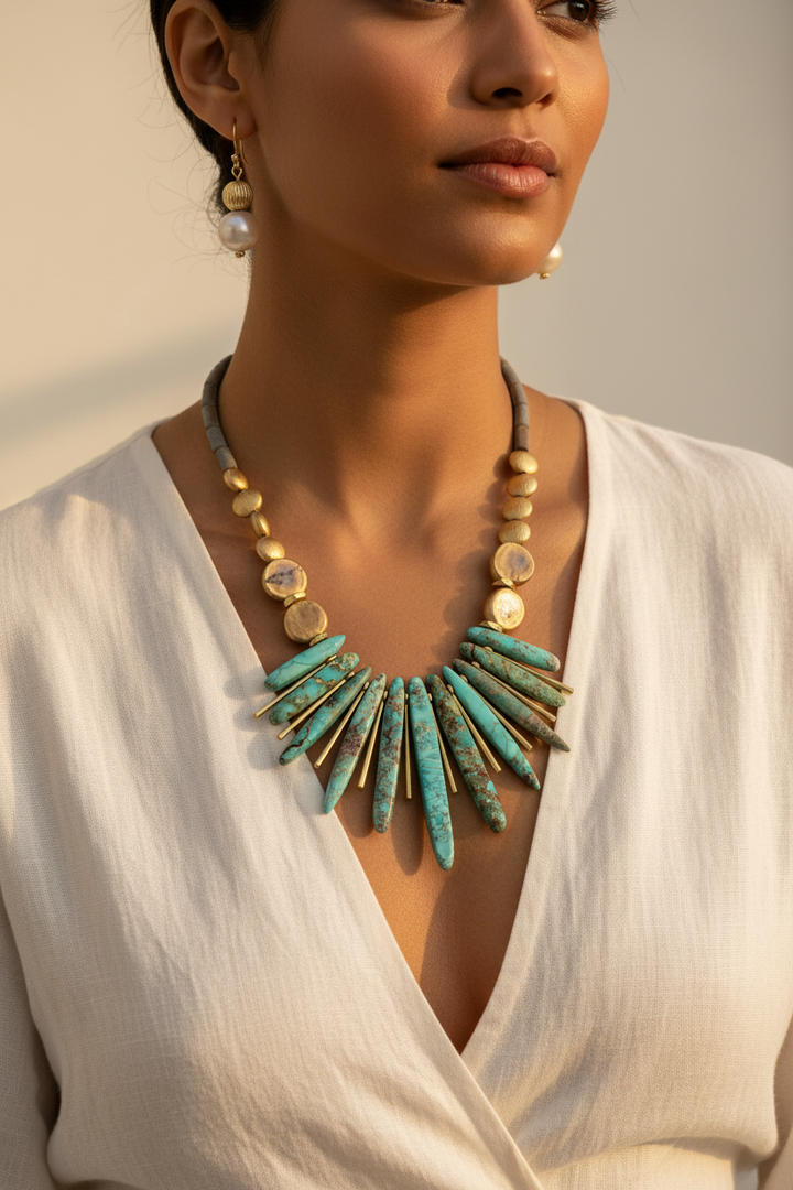Turquoise Spike Necklace Modeled