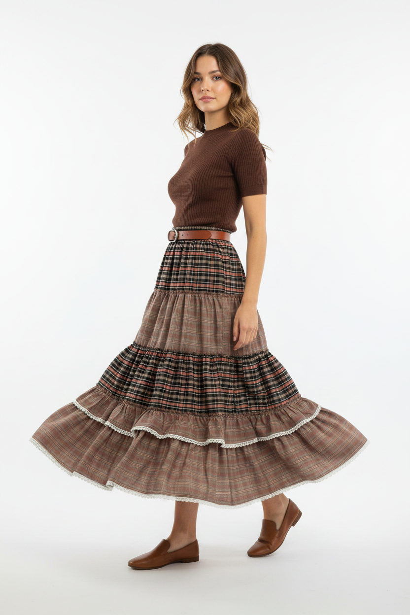 Mocha Brown Check Tiered Maxi Woven Skirt Easel eb58209