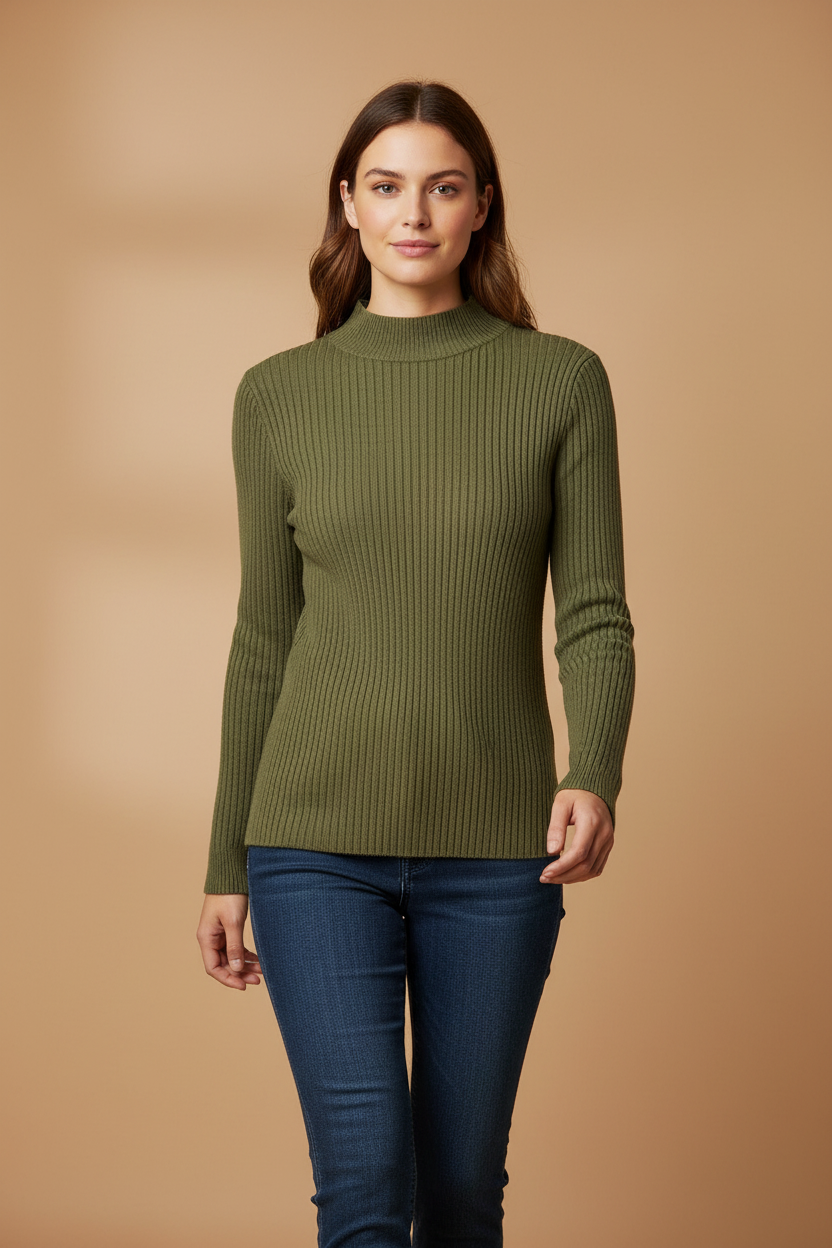 Olive Ribbed Mock-Neck Sweater Active sw13730
