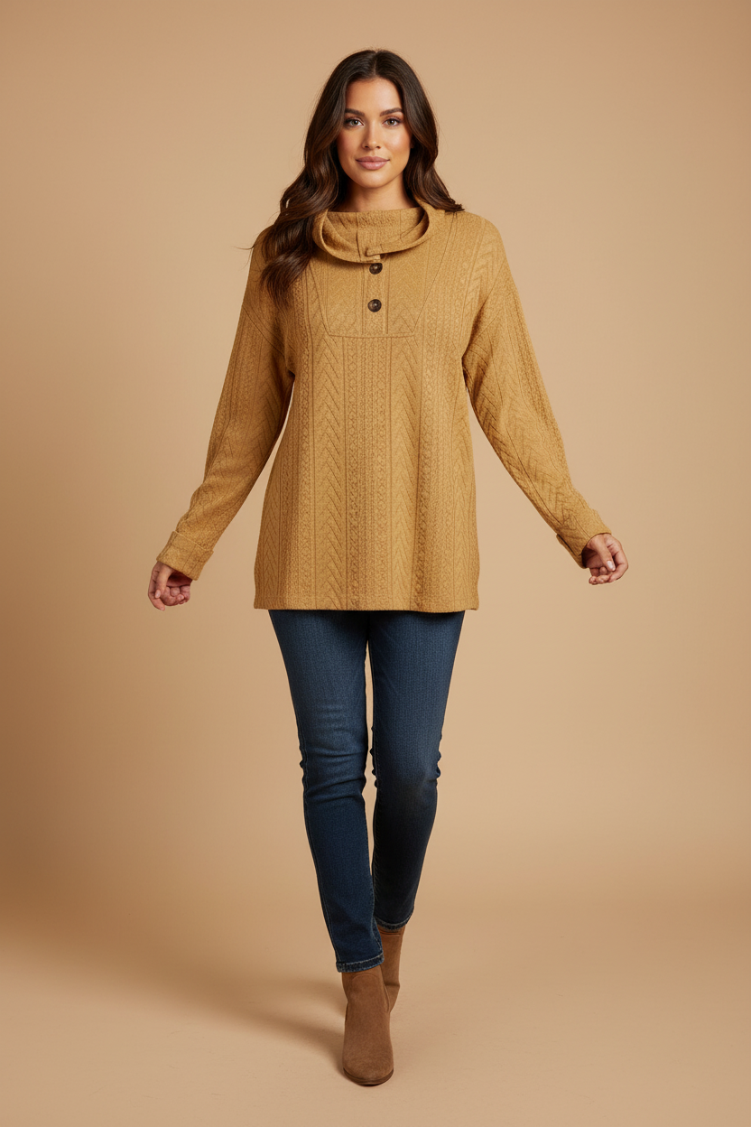 Mustard Textured Button-Front Top Tribal 15270-3841-1797